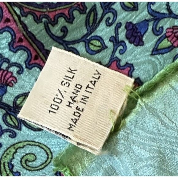 VTG 90’s FENDI Silk Scarf 38” Square Turquoise Blue Purple Tree Of Life Peacock - Picture 6 of 6